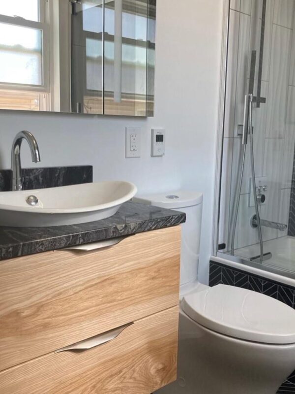 Contemporary Floating Hickory Vanity Installed