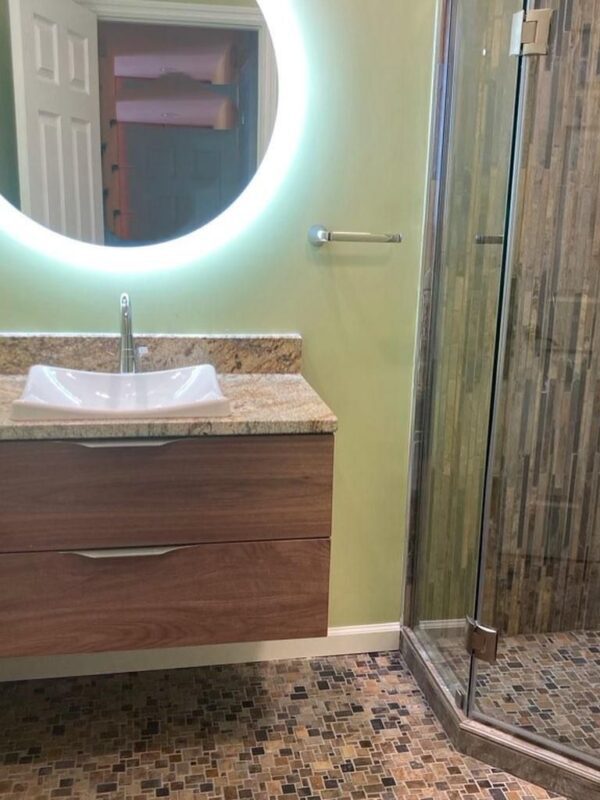 Contemporary Floating Walnut Vanity Installed